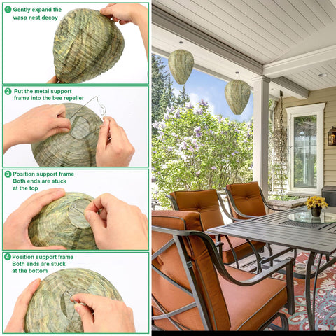 DECYOOL hornet nest decoy provides safe outdoor deterrence for decks and eaves.