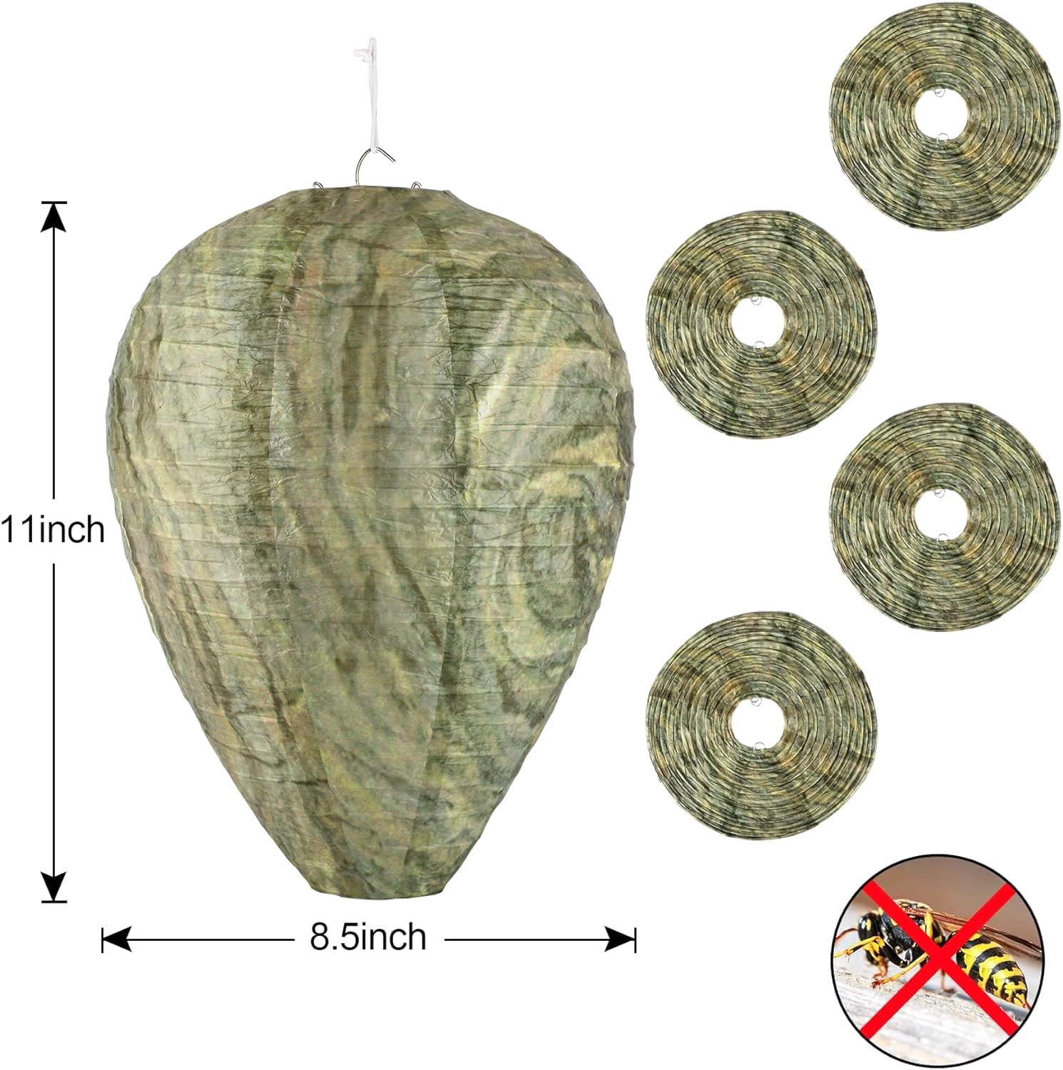 DECYOOL paper wasp nest decoy hangs outdoors to protect spaces from hornets.