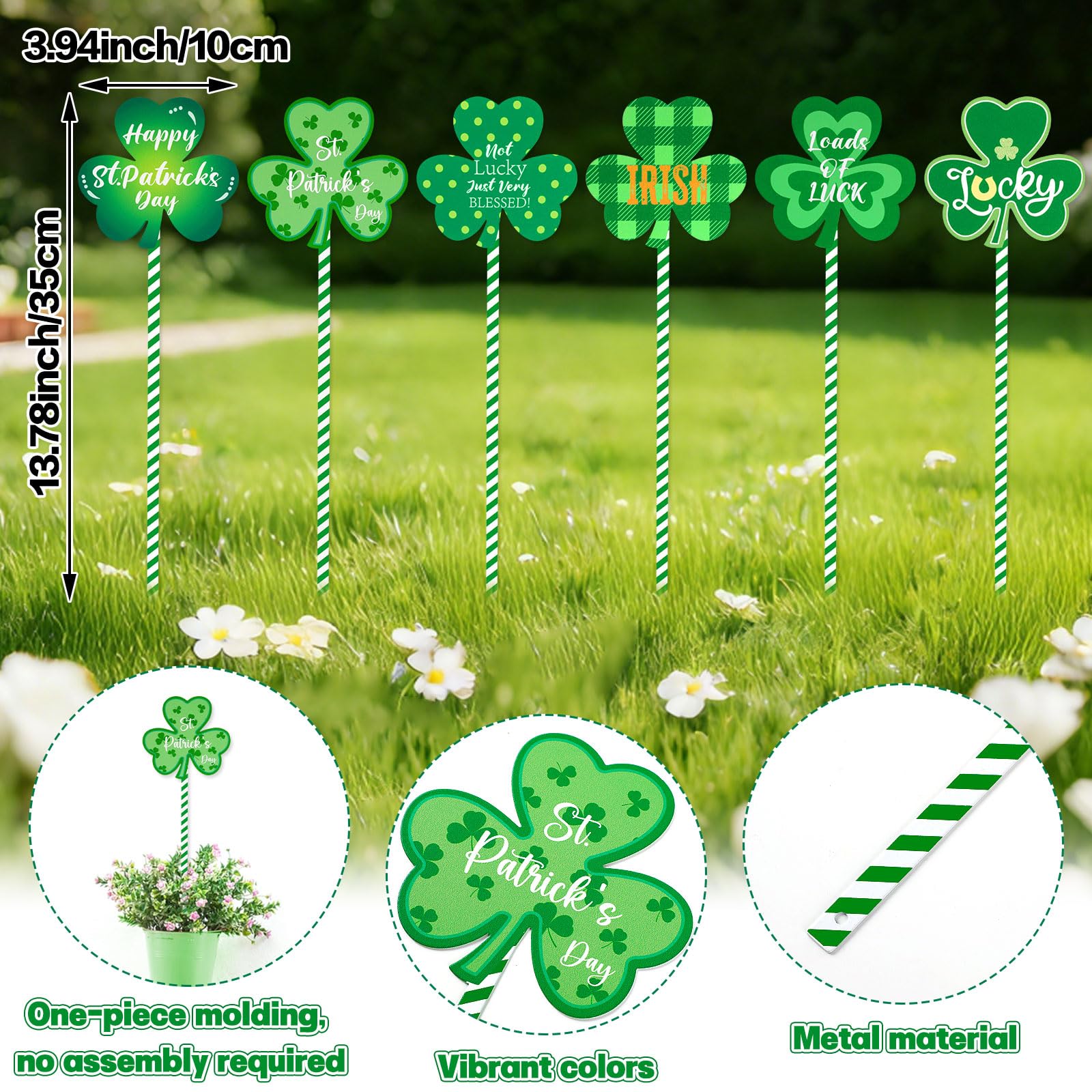 DECYOOL clover yard sign displayed among garden plants for seasonal charm.