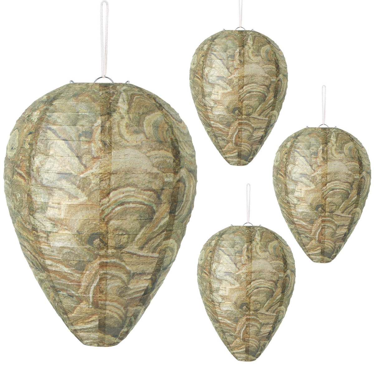 DECYOOL wasp nest decoy four-pack in brown-green deters hornets from outdoor spaces