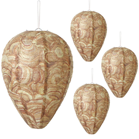 DECYOOL paper wasp nest decoy hanging to deter wasps from outdoor dining areas.