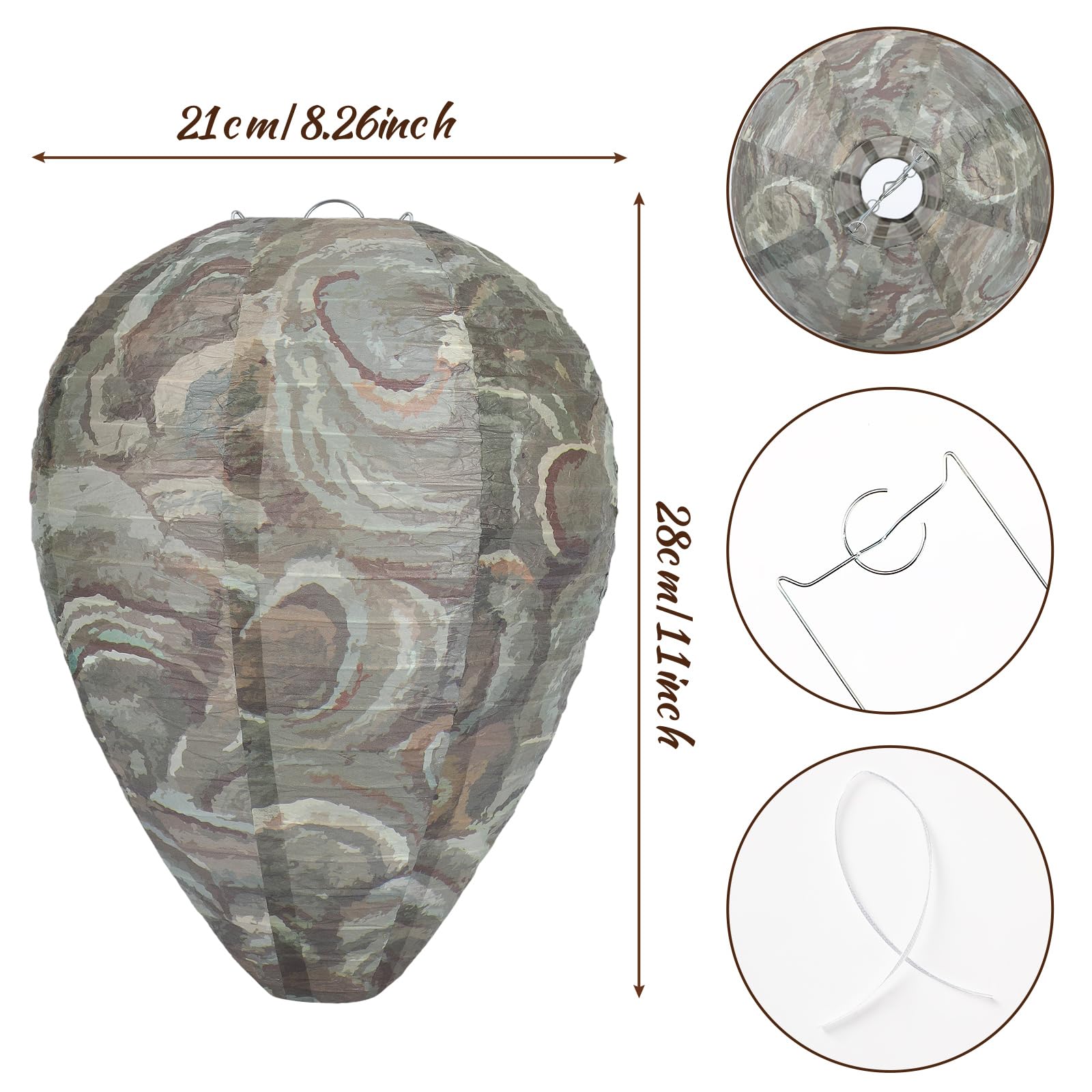 DECYOOL wasp nest decoy, 8.5-inch diameter and 11-inch height, shown hanging from an eave.