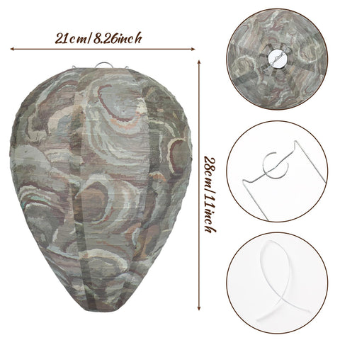 DECYOOL wasp nest decoy, 8.5-inch diameter and 11-inch height, shown hanging from an eave.