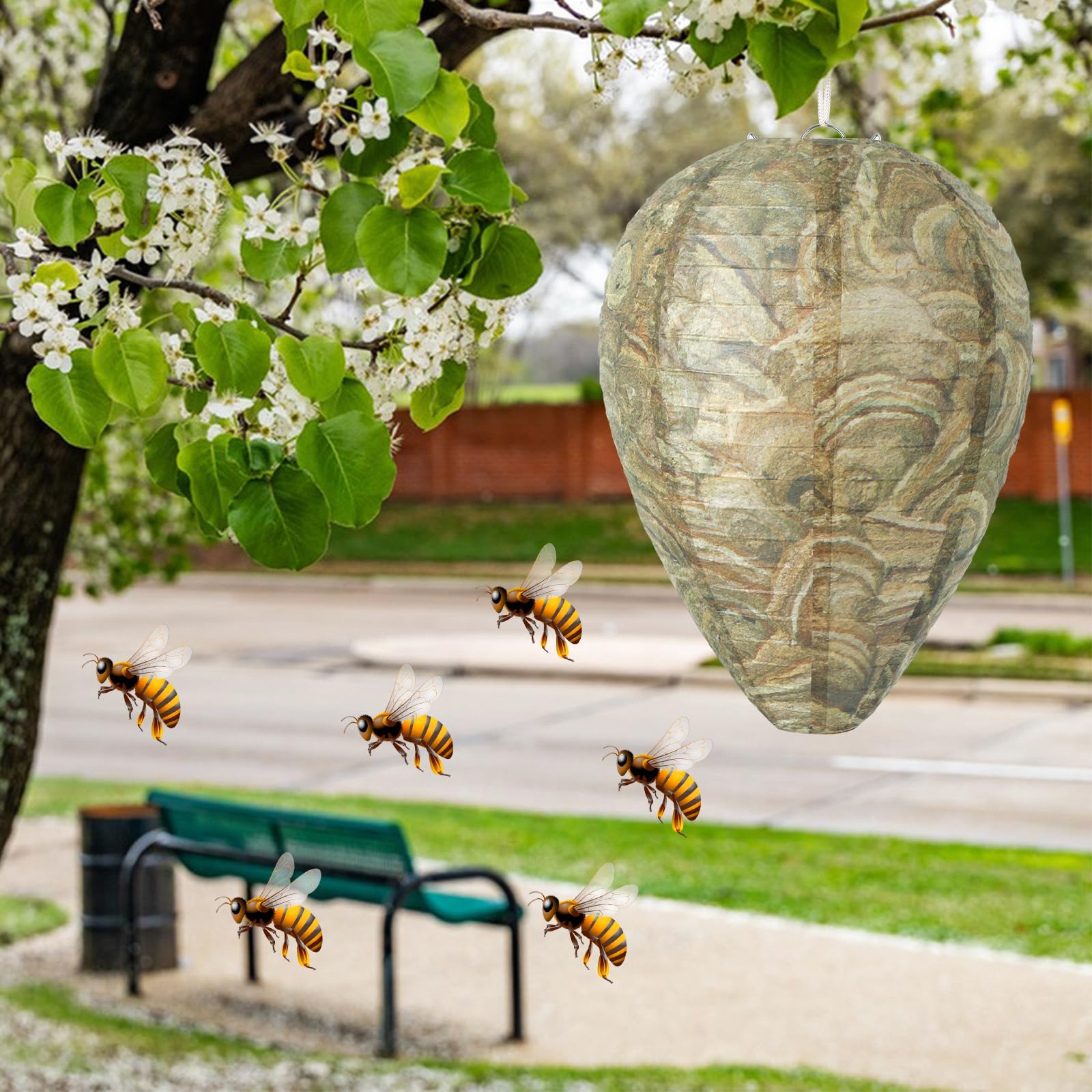 DECYOOL wasp nest decoy mounted on edge for easy outdoor setup