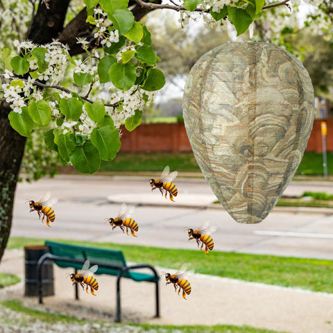 DECYOOL wasp nest decoy mounted on edge for easy outdoor setup