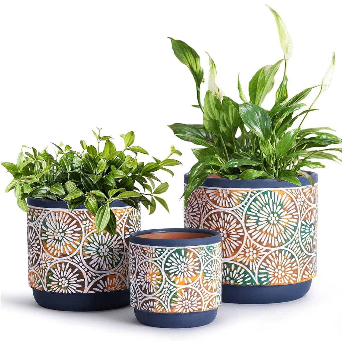 DeeCoo three piece blue ceramic pots with drainage holes for indoor use.