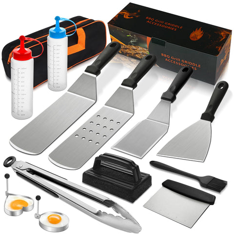 Deedro 14pcs griddle kit arranged tools for quick outdoor prep.