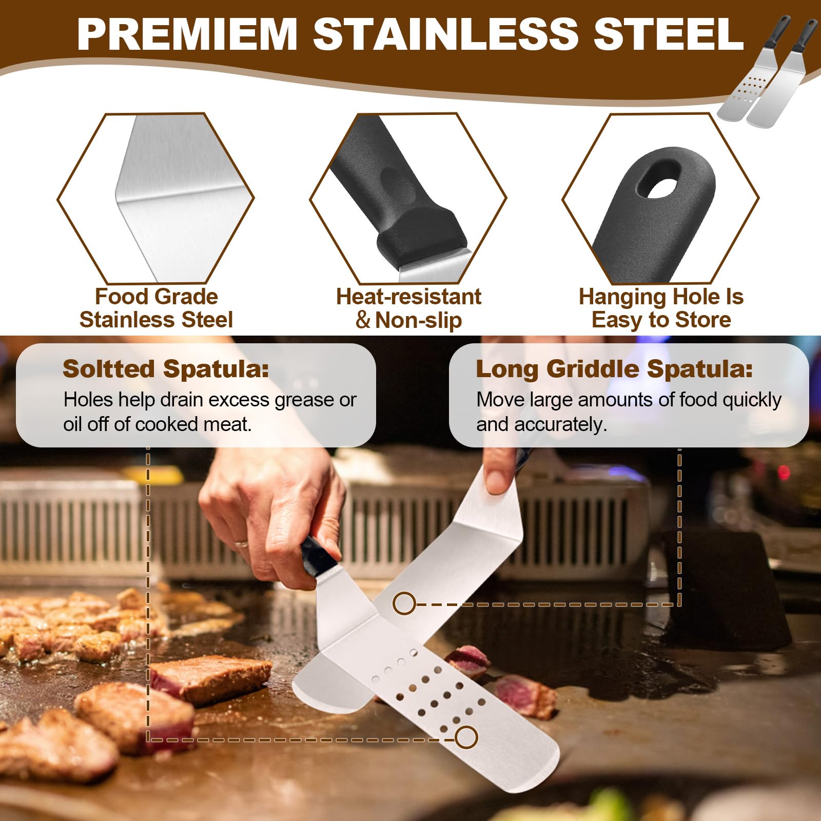 Deedro long griddle spatula ideal for large portions.