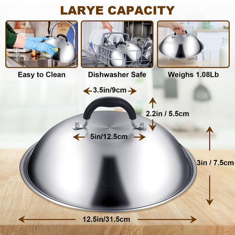 Deedro cheese-melting dome; stainless steel design concentrates heat for even melting.