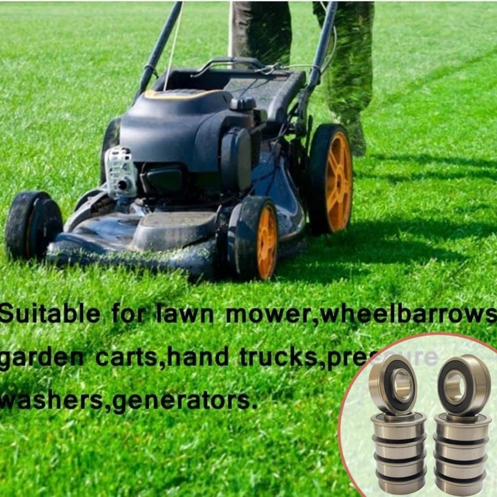 DEEG lawn mower wheel bearing replacement shown in cart assembly scenarios.