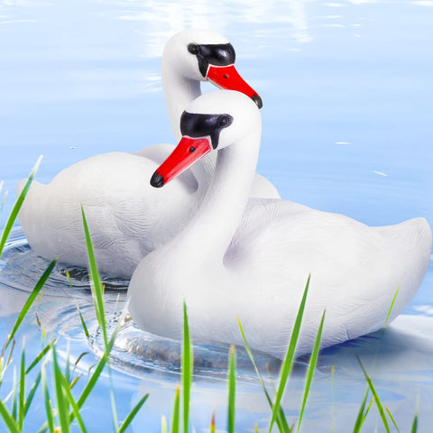 Deekin floating swan decoy two-pack enhances pond aesthetics and wildlife deterrence.