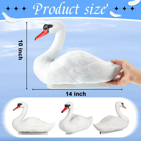 Deekin swan decoy on water protects garden edges and small wildlife.