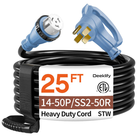 Deeklify 25ft generator cord with twist-lock connector for reliable outdoor power access.