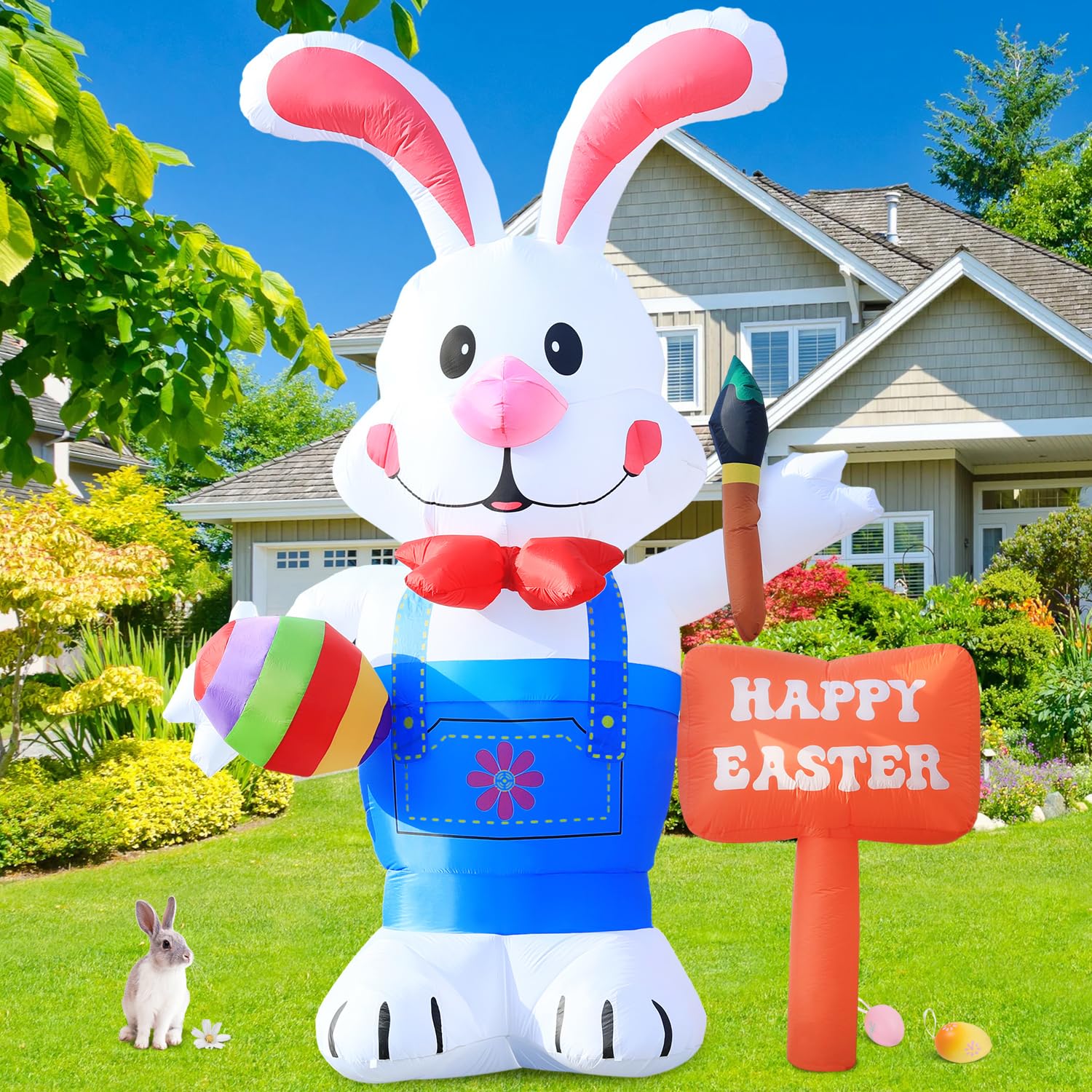 DeeKom huge 12ft Easter bunny in a garden display for spring curb appeal