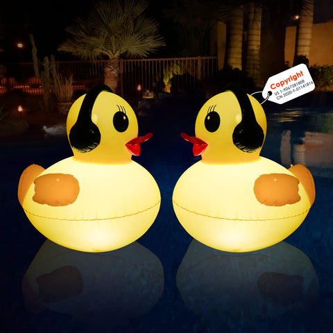 DeeprBetter floating solar pool light duck glows at dusk for serene pool ambience.