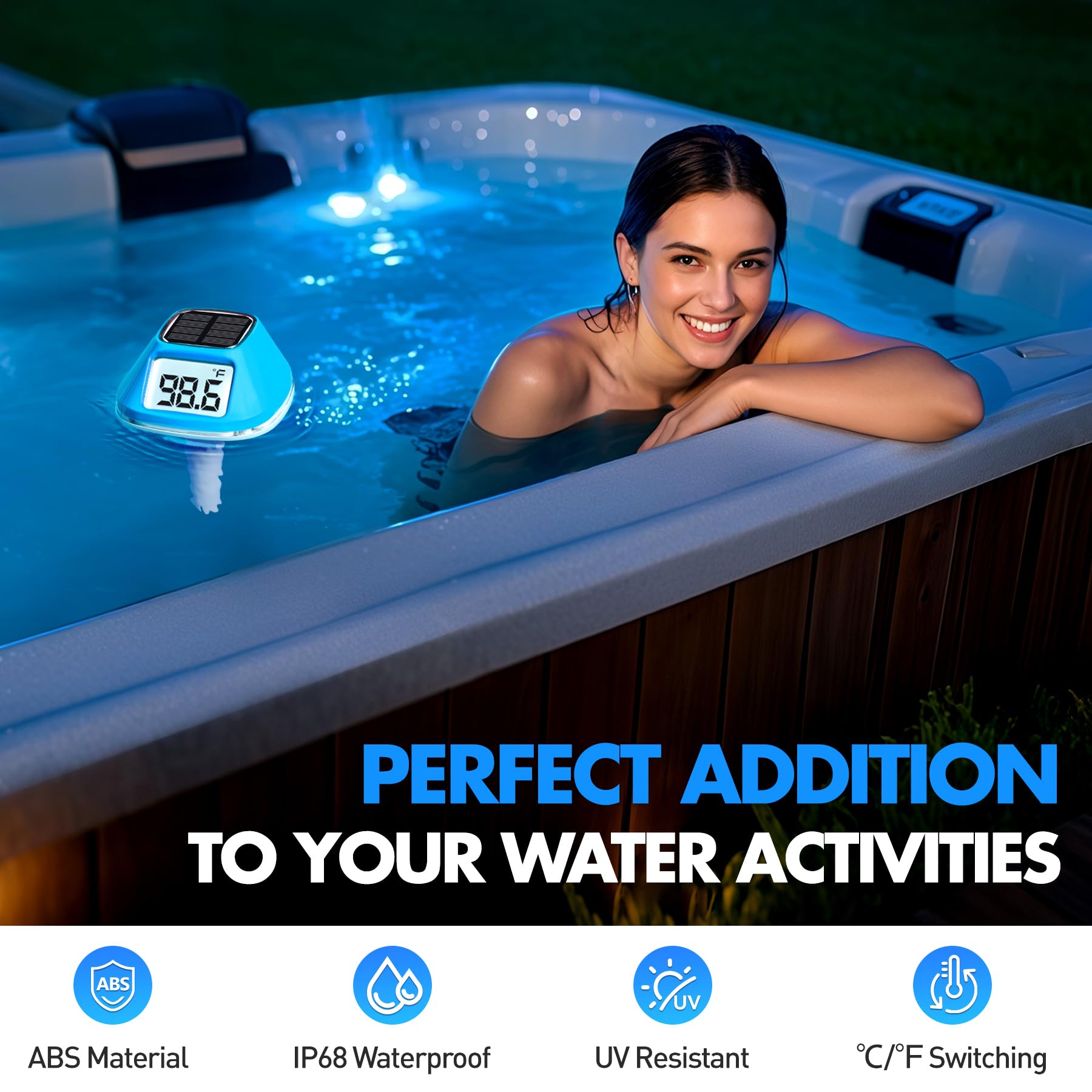 DeeprBlu floating pool thermometer remains visible on the water surface.