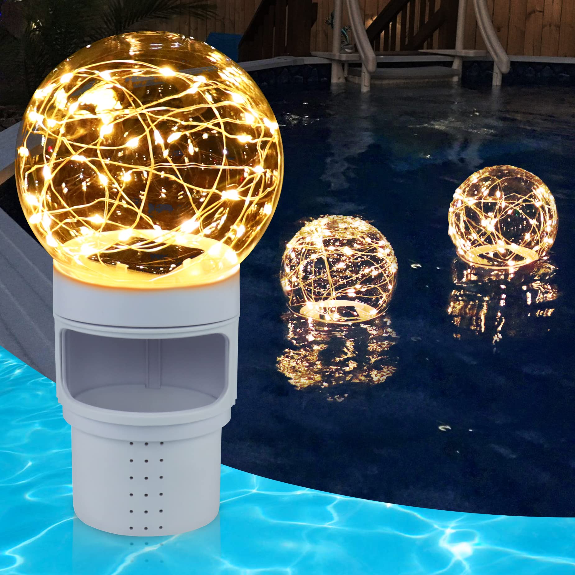 DeeprBlu pool chlorine floater with solar ball light floats upright and lights at night