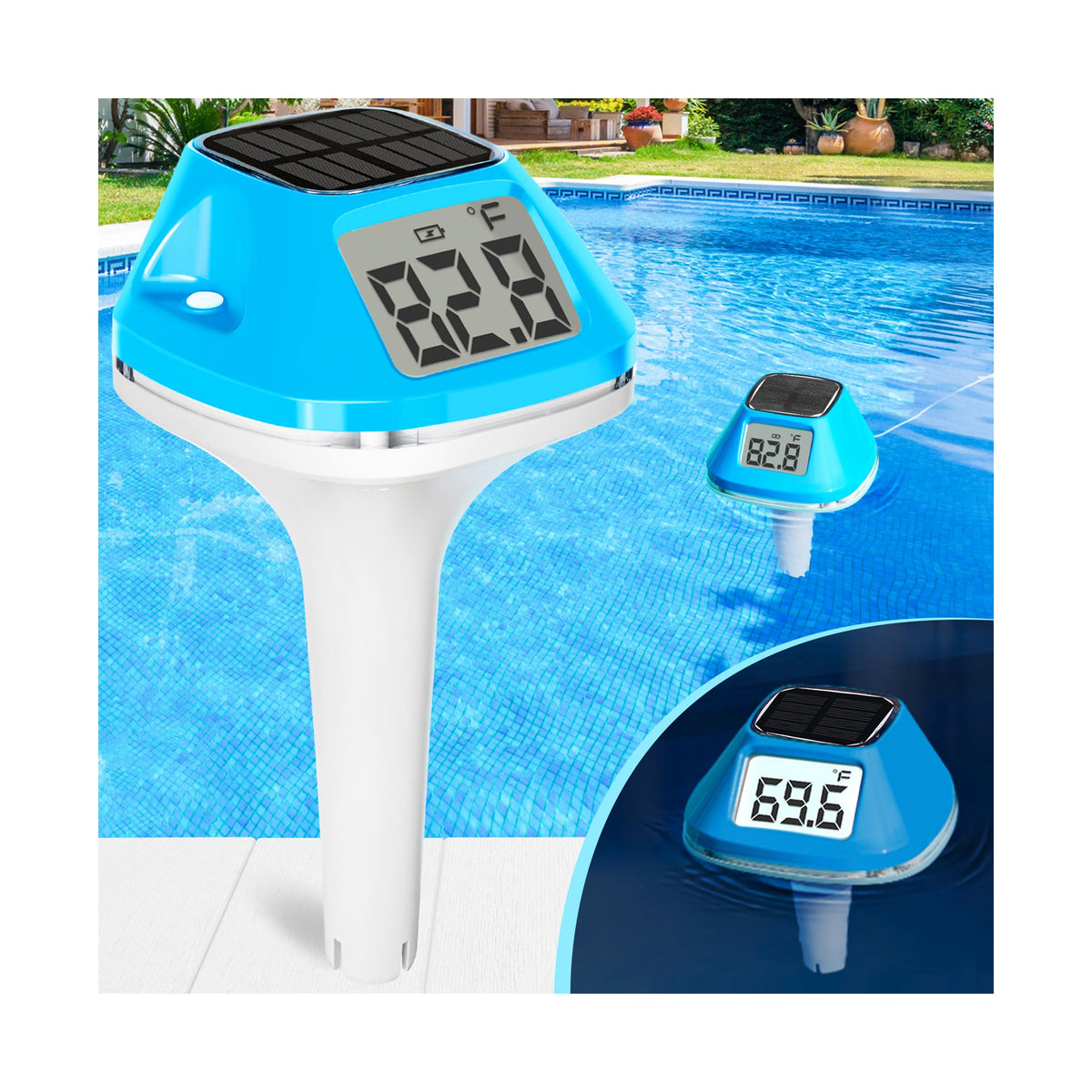 DeeprBlu solar pool thermometer with rope for easy daytime readings.