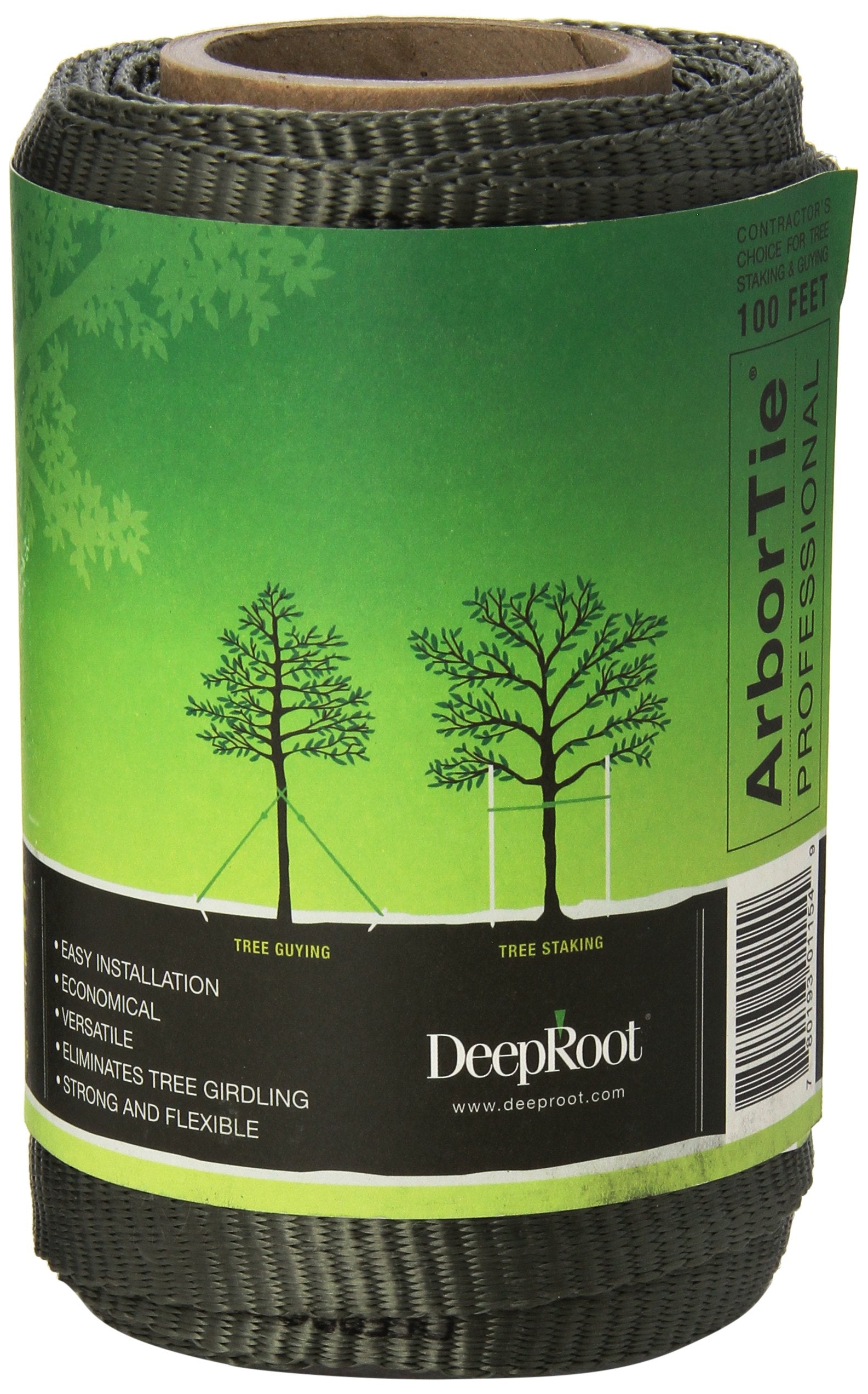 DeepRoot ArborTie soft polyester weave with rounded edge protects bark during staking.