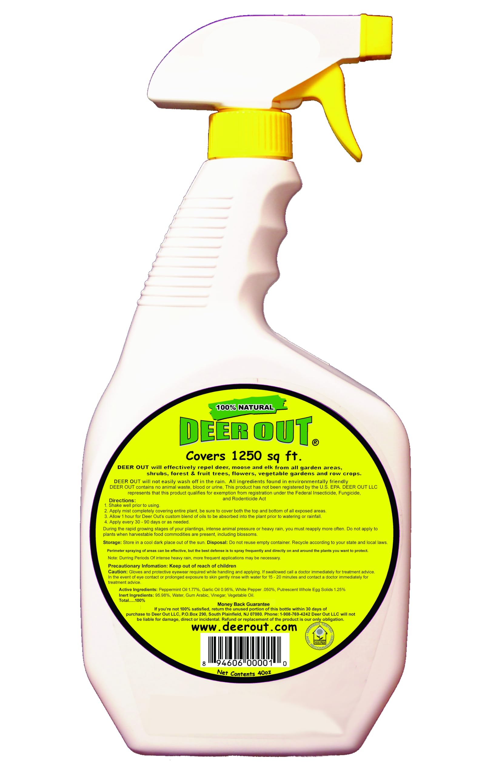 Deer Out 40oz bottle spraying plants shows deterring use for deer.