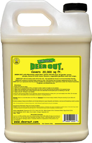 Deer Out easy-application spout; convenient spray for year-round plant protection.