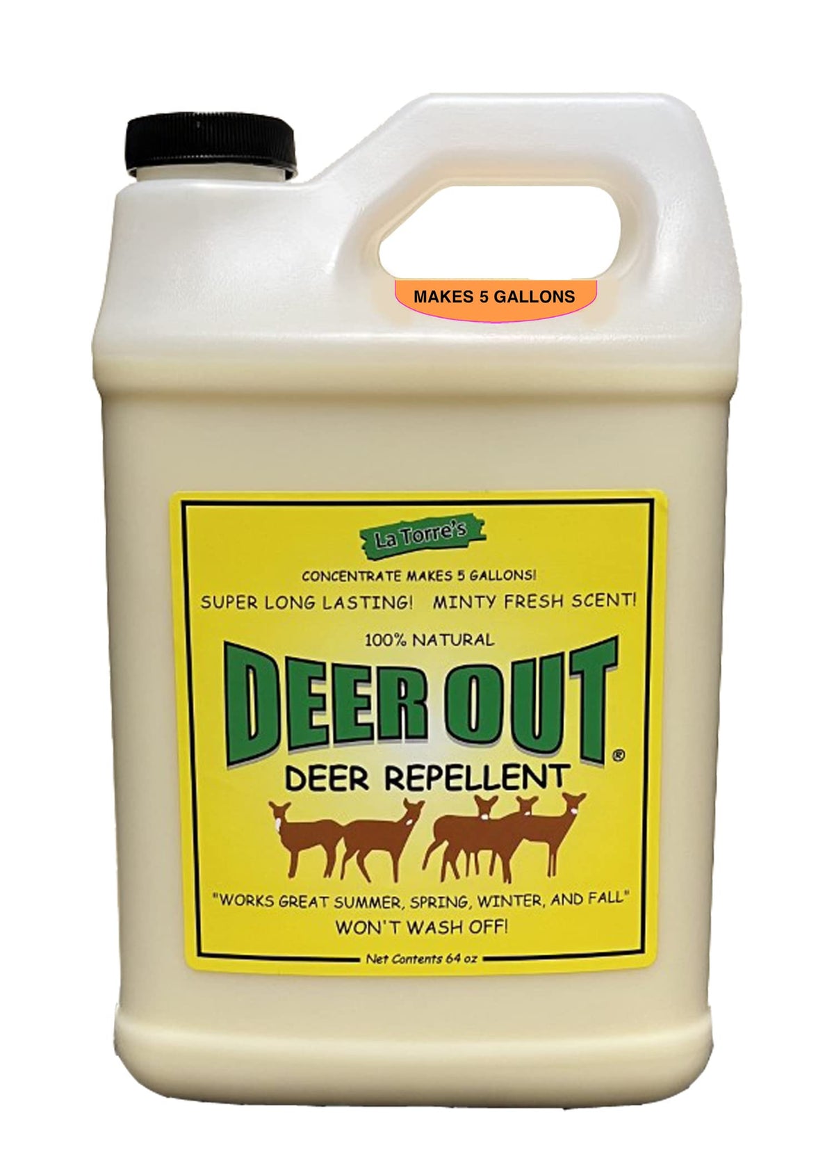 Deer Out half-gallon bottle with label; repels deer to protect garden plants.