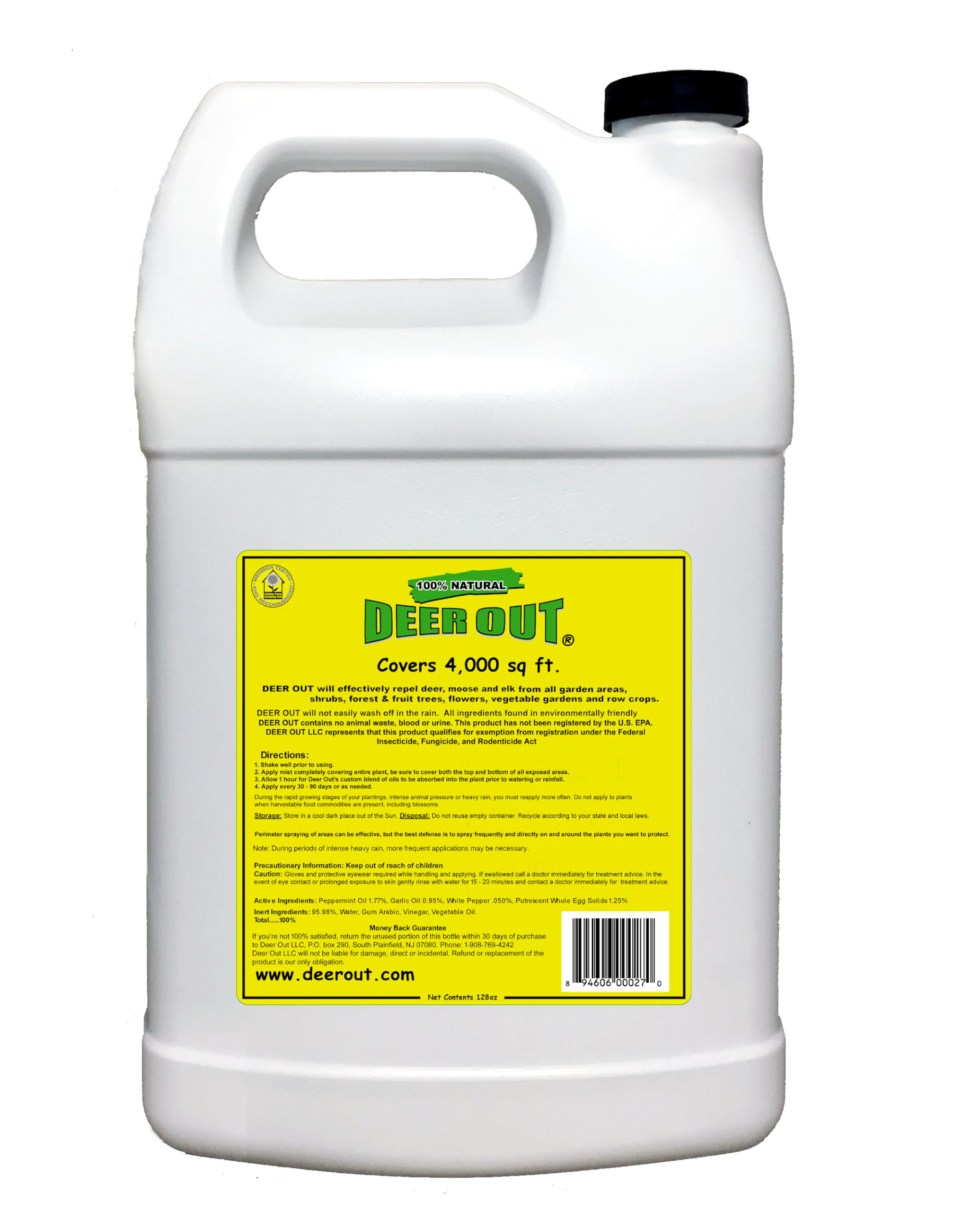 Deer Out label closeup showing the trusted, professional-grade formula.