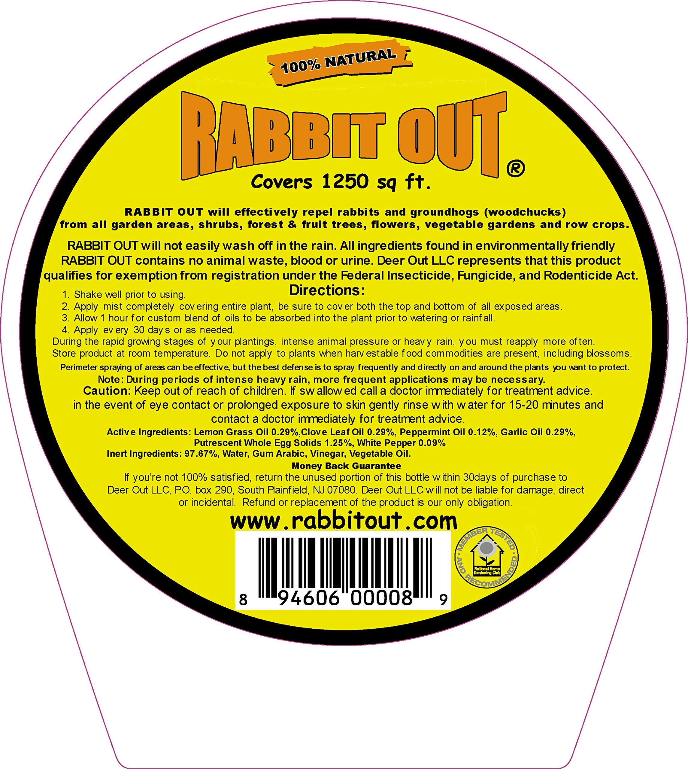 Deer Out Rabbit Out 40oz label closeup shows all-natural, pet-safe garden repellent.