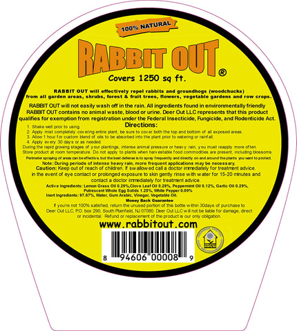 Deer Out Rabbit Out 40oz label closeup shows all-natural, pet-safe garden repellent.