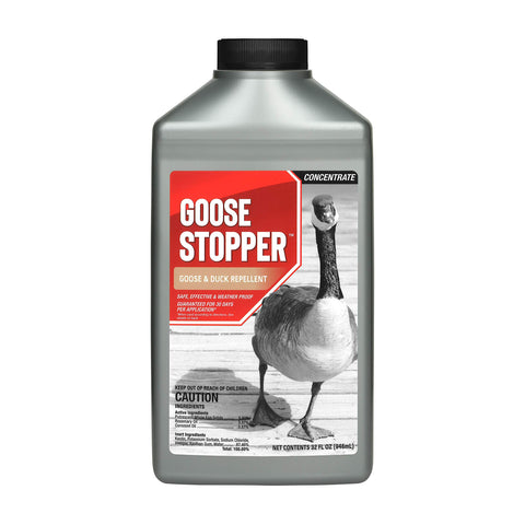 Deer Stopper Goose Stopper bottle front view shows safe, plant-based deterrence for gardens.