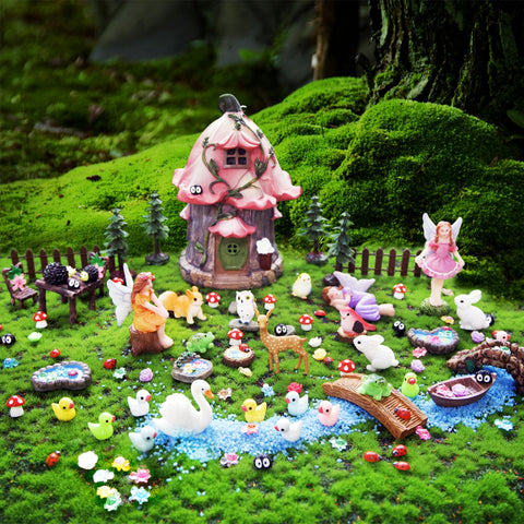 DEERSJUMP tiny chairs and flora for cozy garden displays.