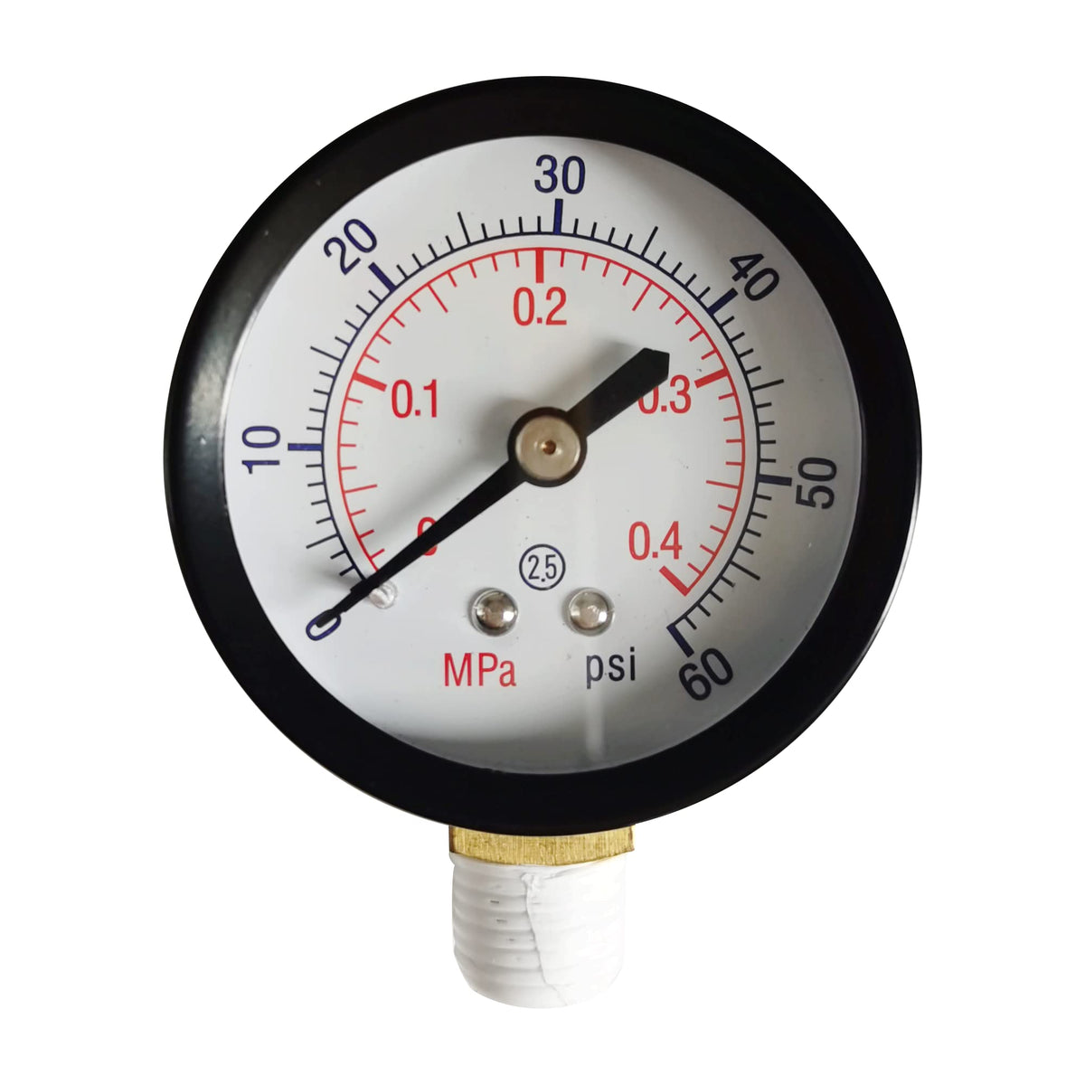 DEF boxed pressure gauge on a pool filter shows the 0-60 psi scale.