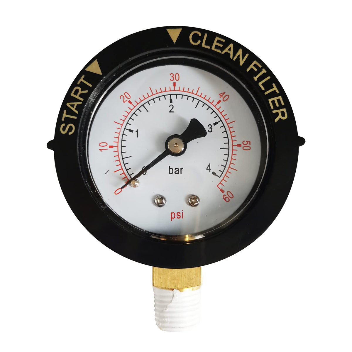 DEF pressure gauge 0-60psi front view highlighting bottom-mount design for pool filters