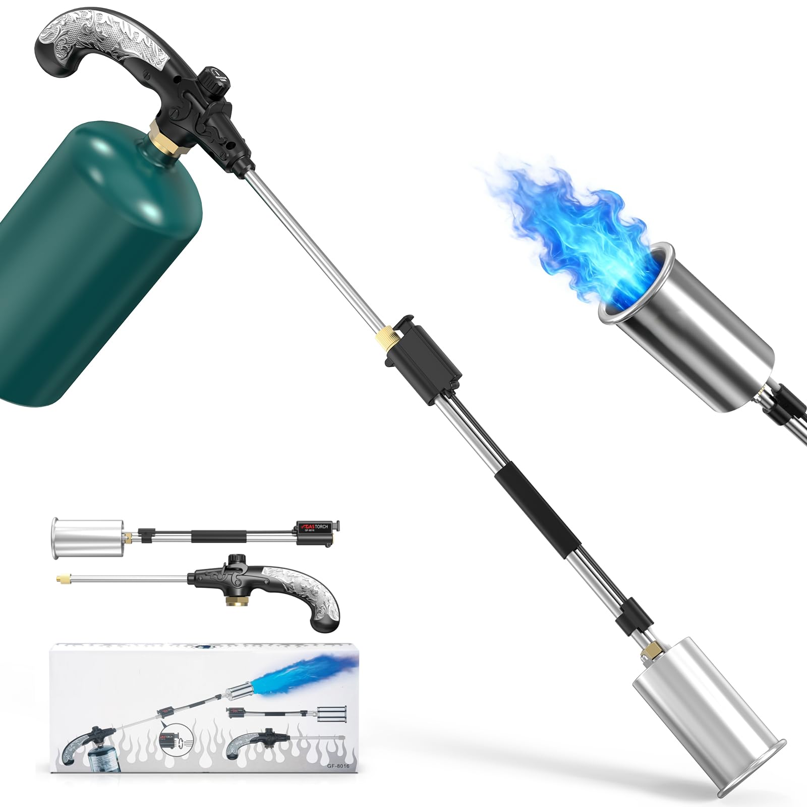 Defabee weed torch with push button igniter enables quick weed control outdoors.