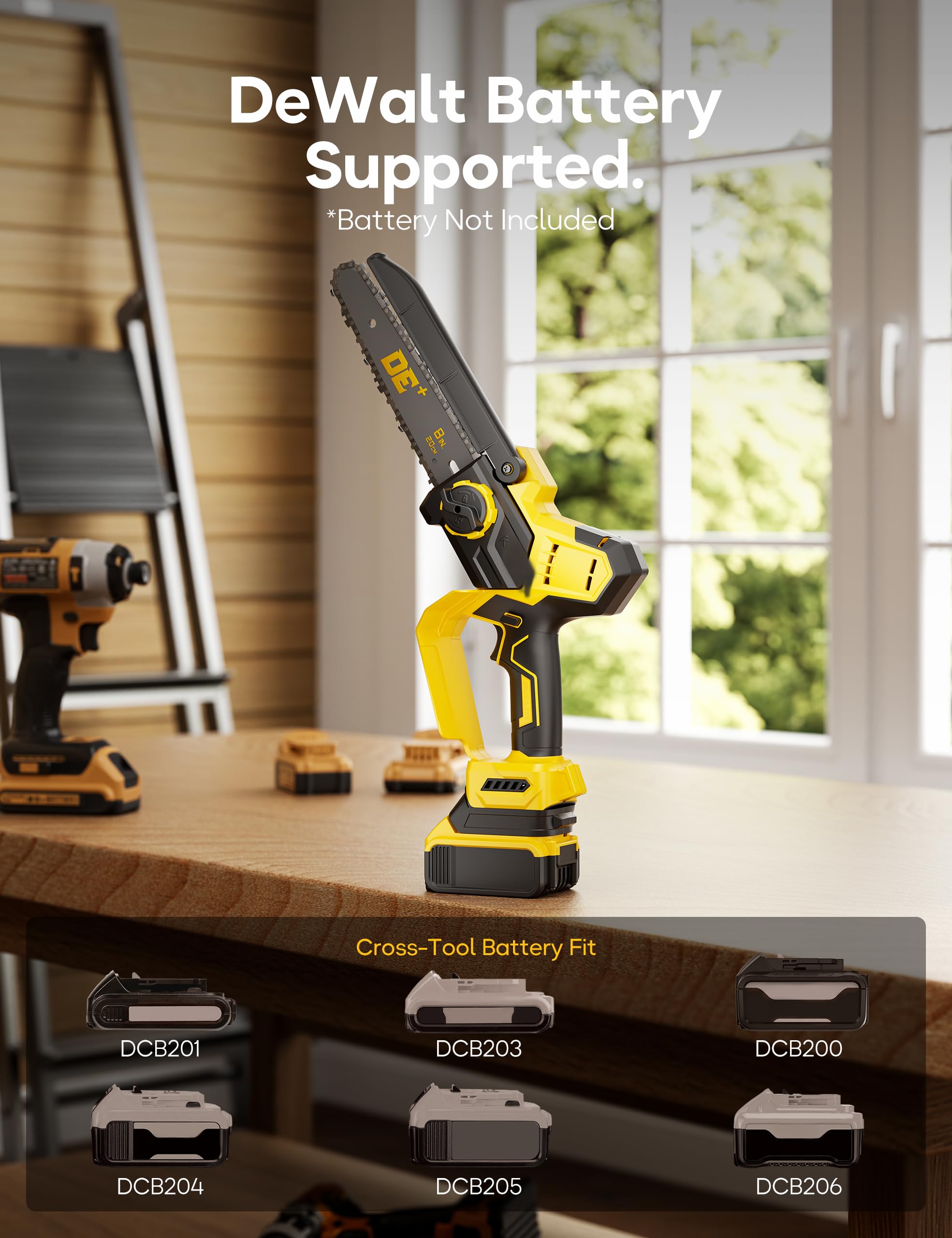 DeForce 14-inch guide bar image highlights extended cutting reach for larger branches.