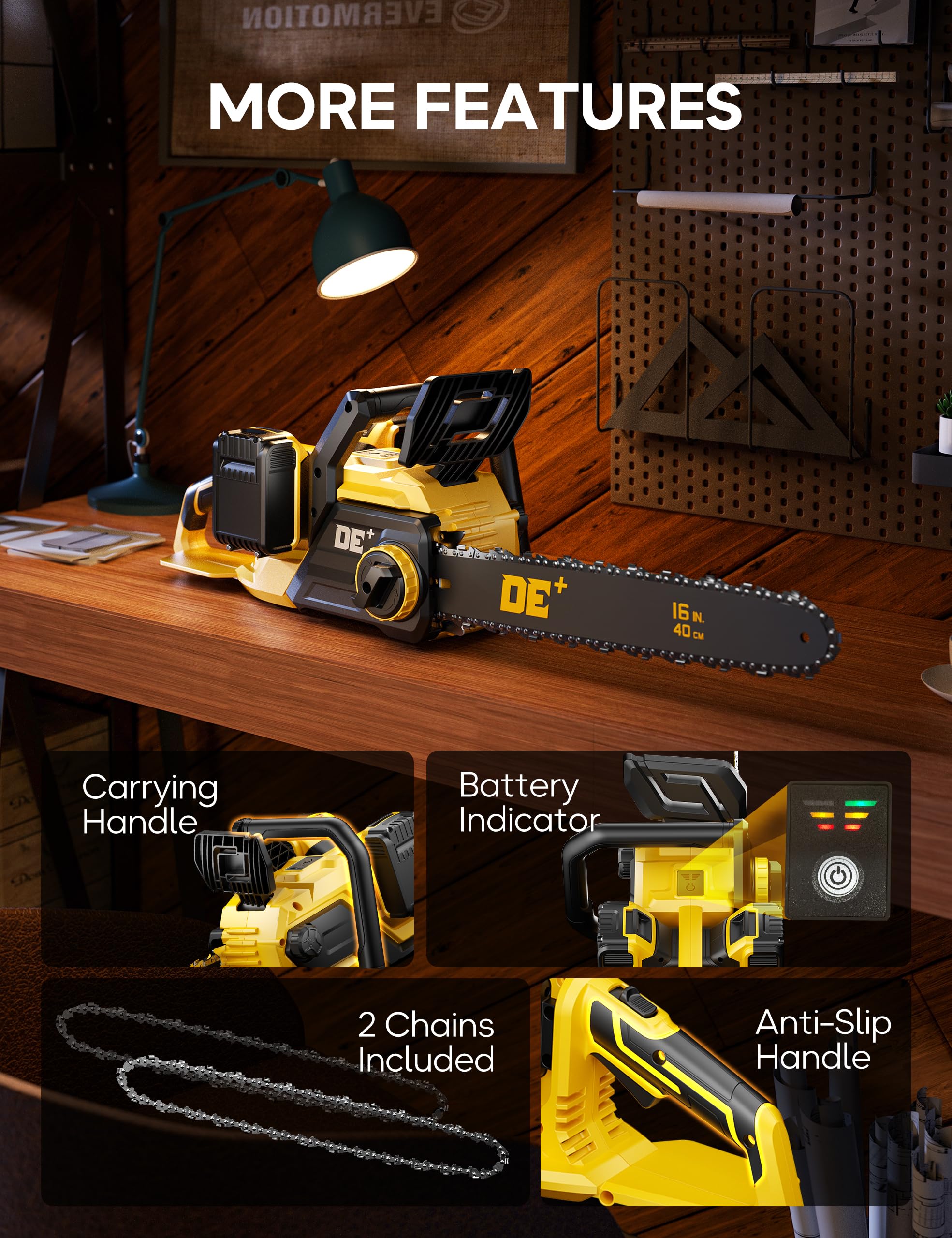 DeForce 16-inch guide bar allows wider cuts on logs