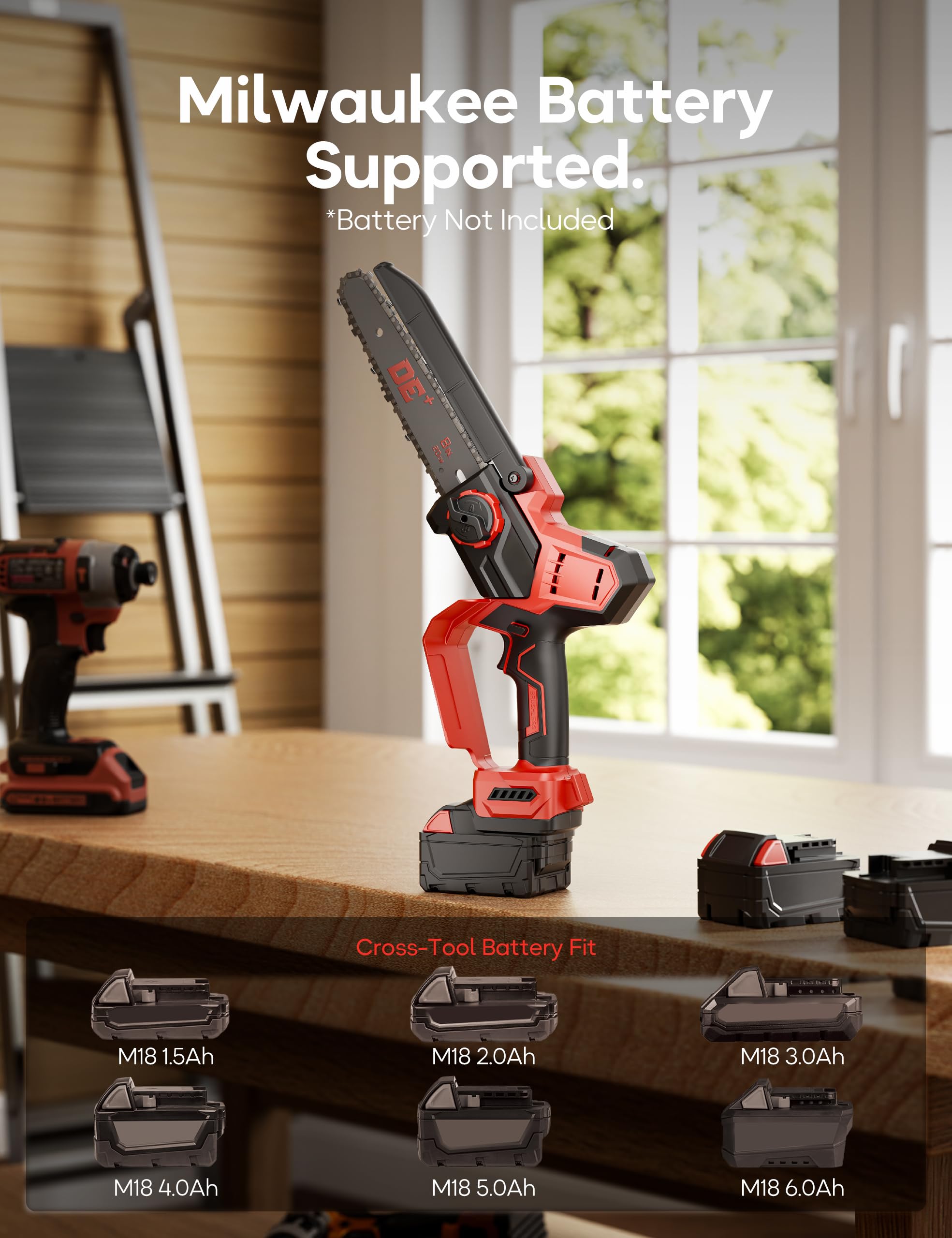 DeForce 8 inch cordless mini chainsaw with 13 inch guide bar for wider cutting capacity.