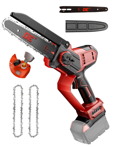 DeForce 8 inch cordless mini chainsaw cutting wood with smooth operation for quick yard tasks.