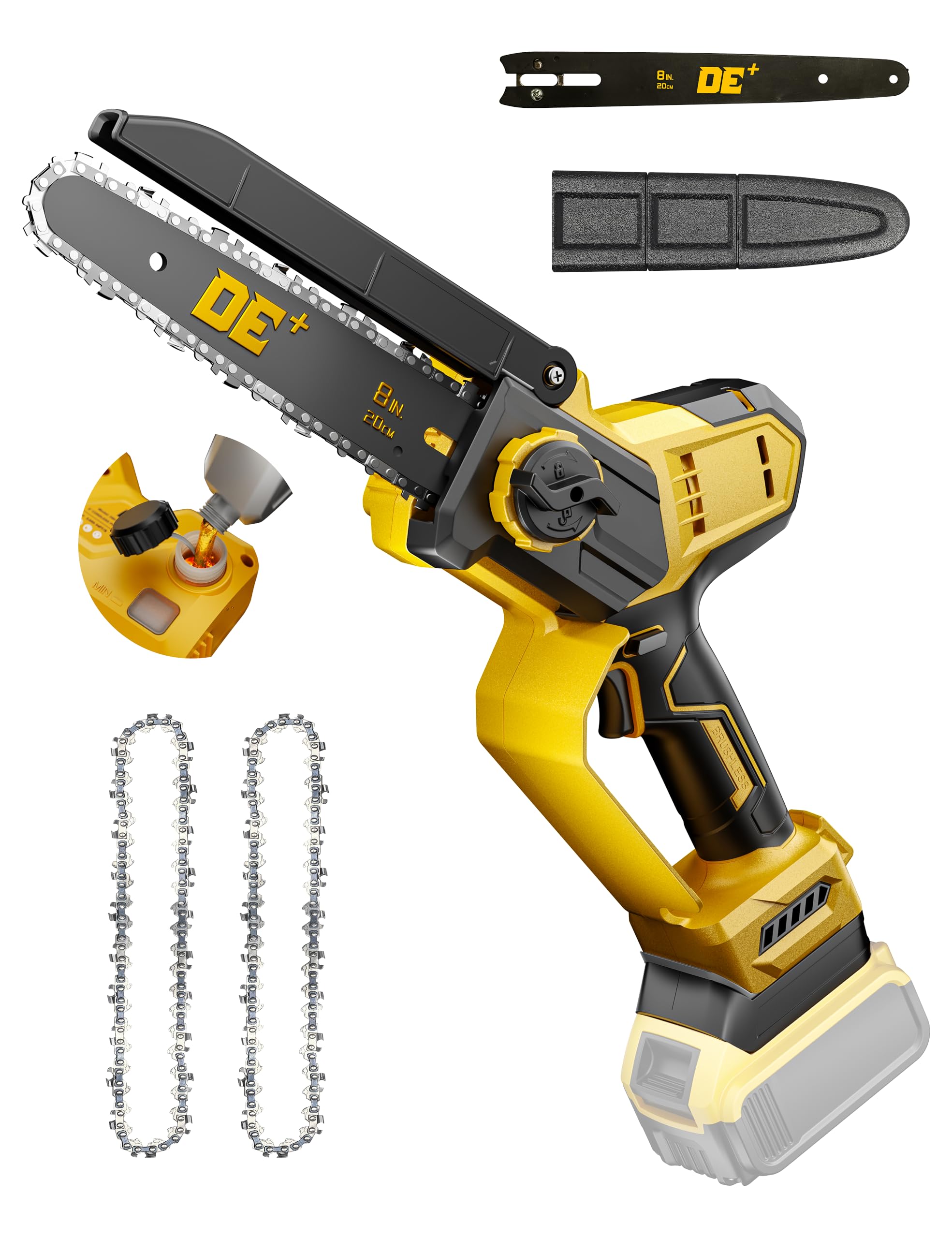 DeForce 8-inch cordless mini chainsaw front view for precise pruning and lightweight handling.