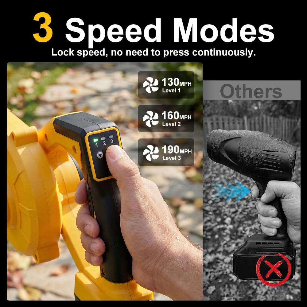 Cordless DeForce blower delivers up to 190 MPH turbo power for heavy debris.