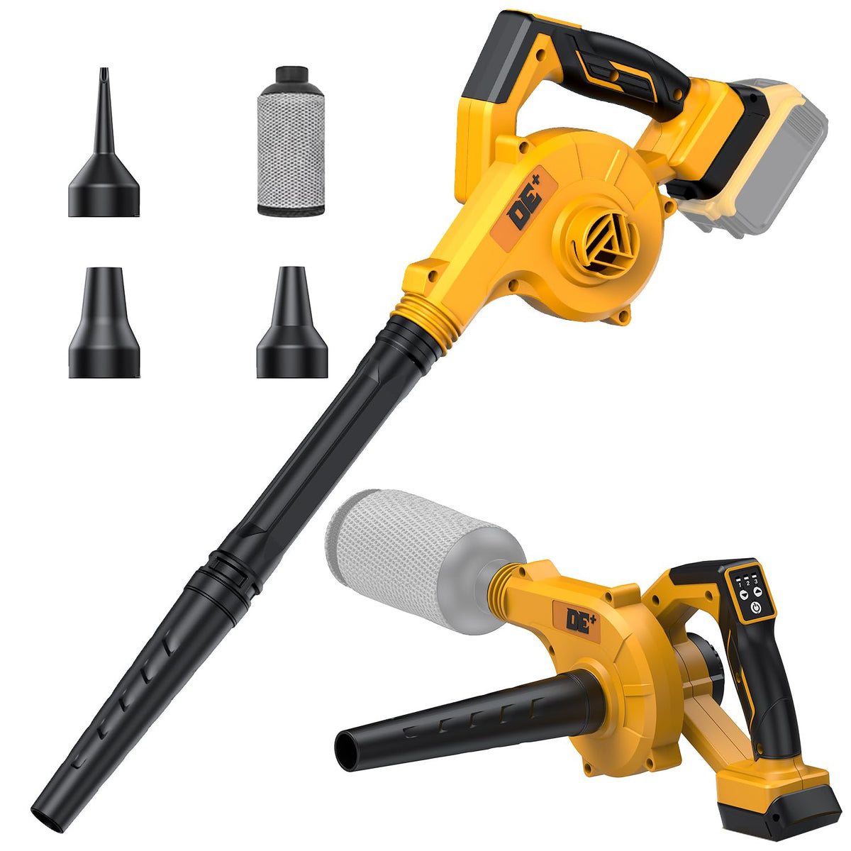 DeForce electric leaf blower with extended tube clears leaves in a sunlit yard.