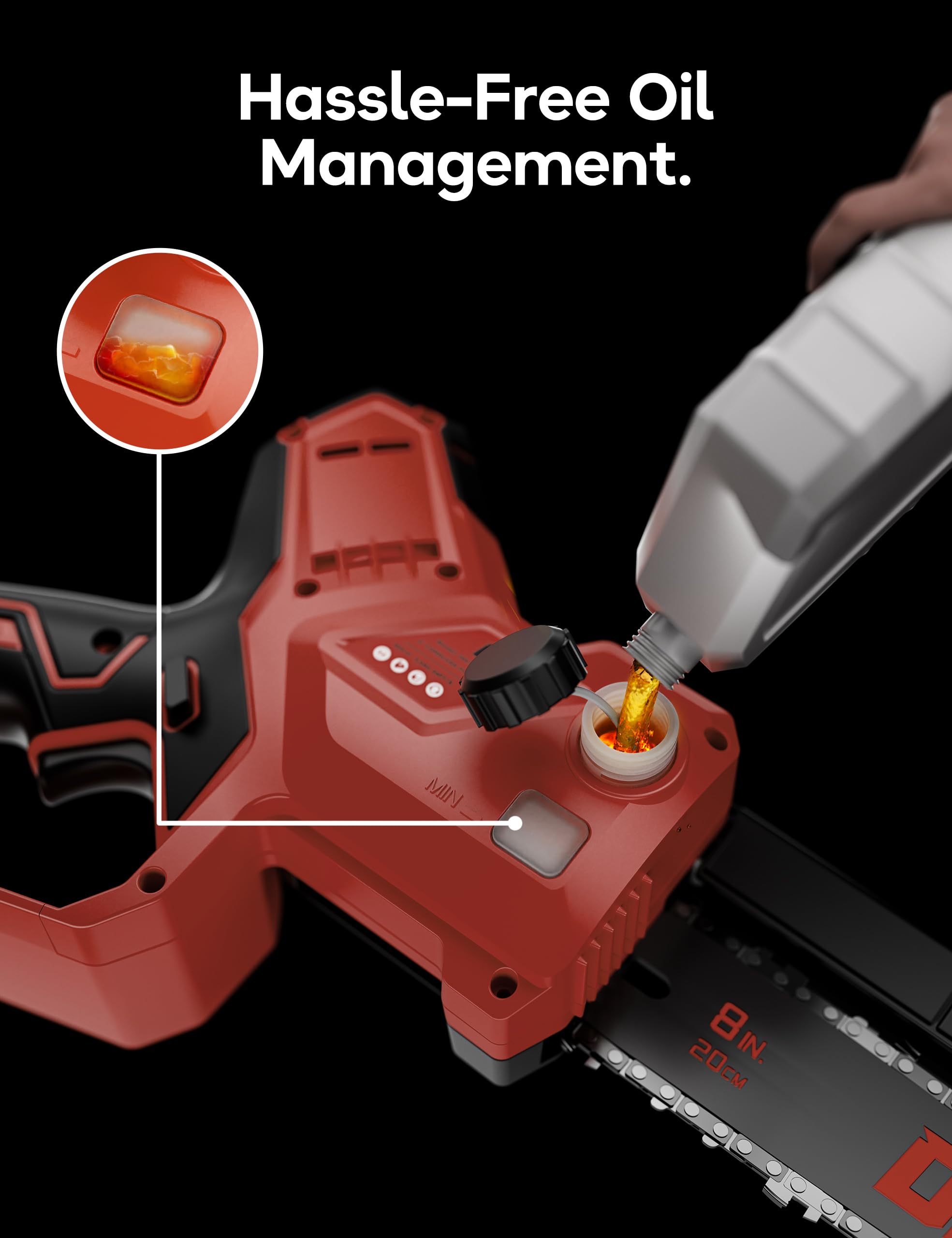 DeForce mini chainsaw tool free chain tensioning for fast on site adjustments.