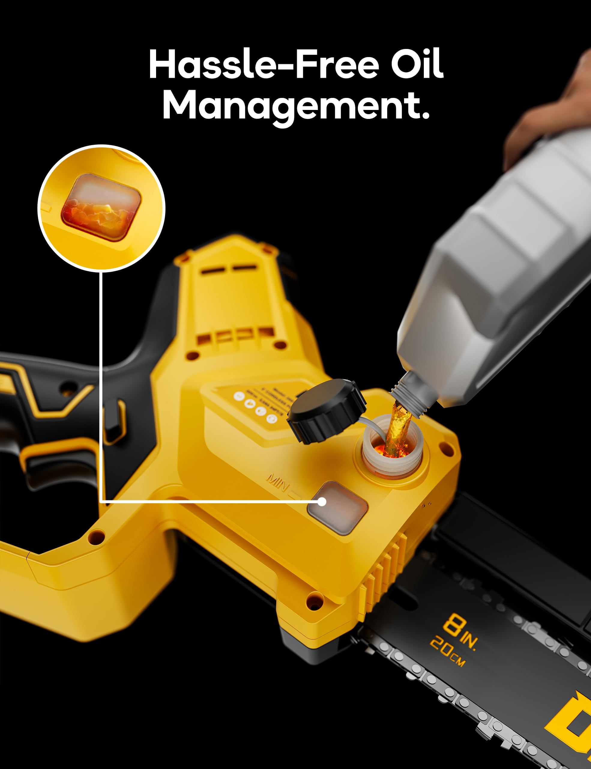 DeForce tool-free chain tensioning knob enables quick adjustment during use.