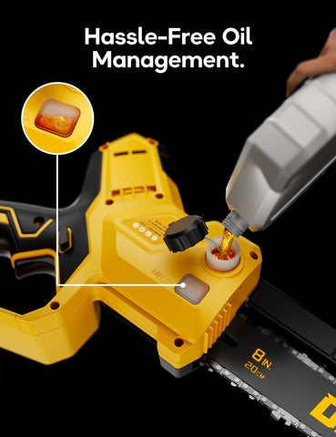DeForce tool-free chain tensioning knob enables quick adjustment during use.