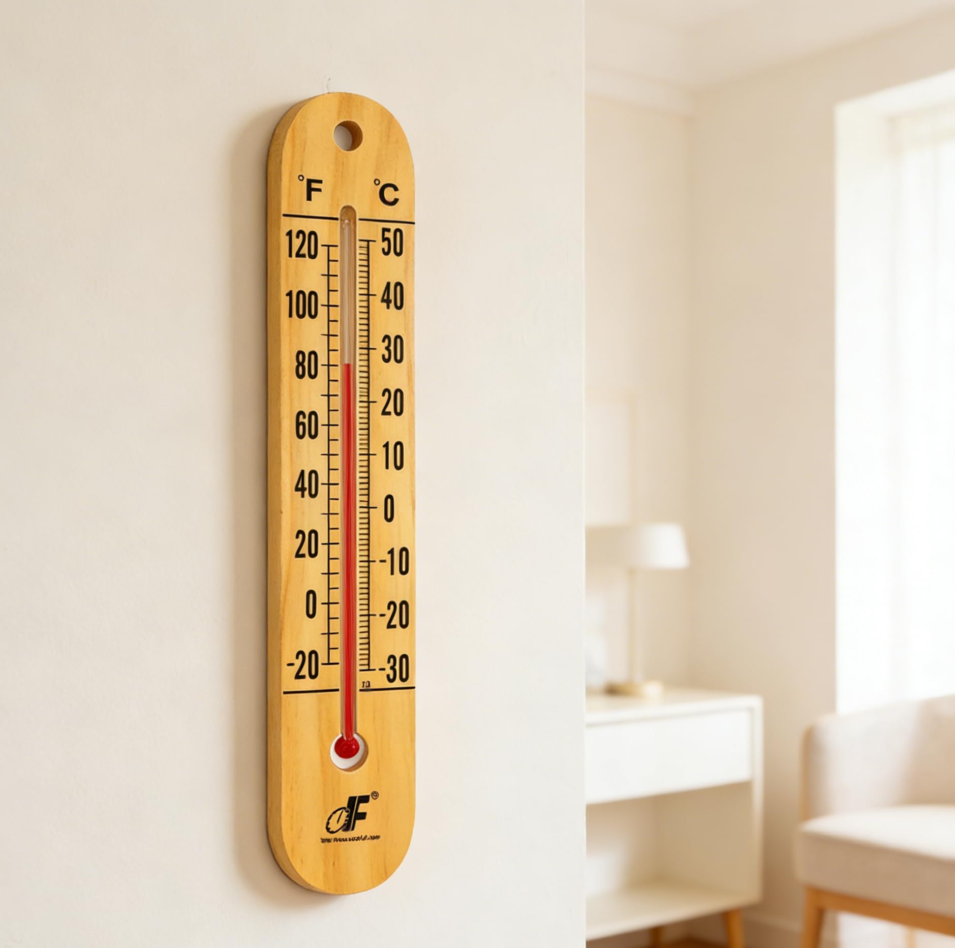 Defull large 10.5-inch vertical wood thermometer displayed indoors beside a doorway