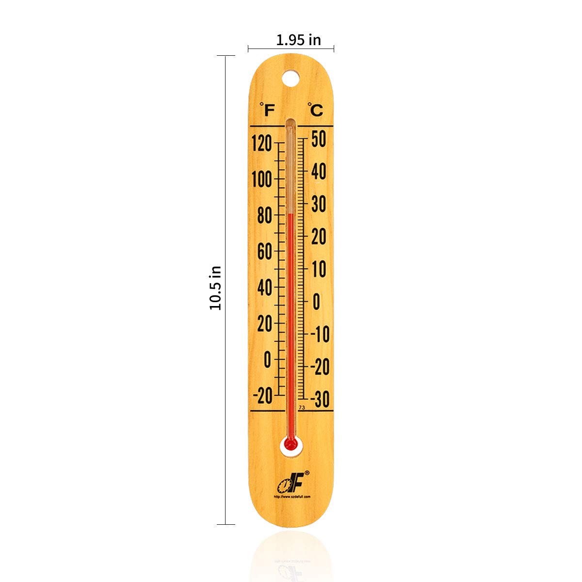 Defull vertical wood thermometer mounted outdoors for at-a-glance readings