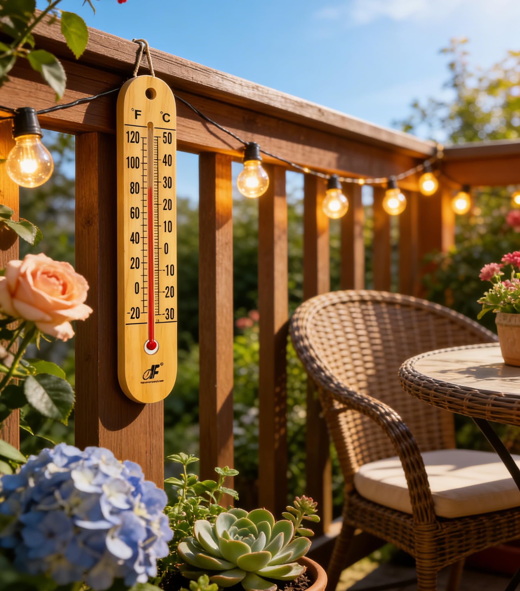 Defull wooden thermometer in a garden or patio setting