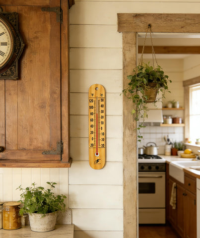 Defull wooden thermometer with hanging hardware included for quick setup