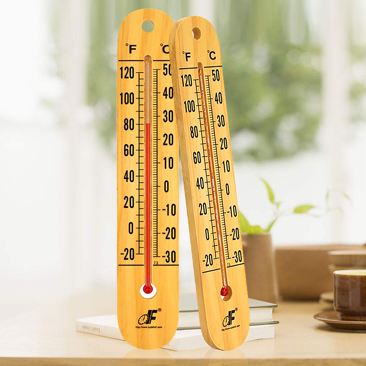 Defull indoor living room thermometer with warm wood finish