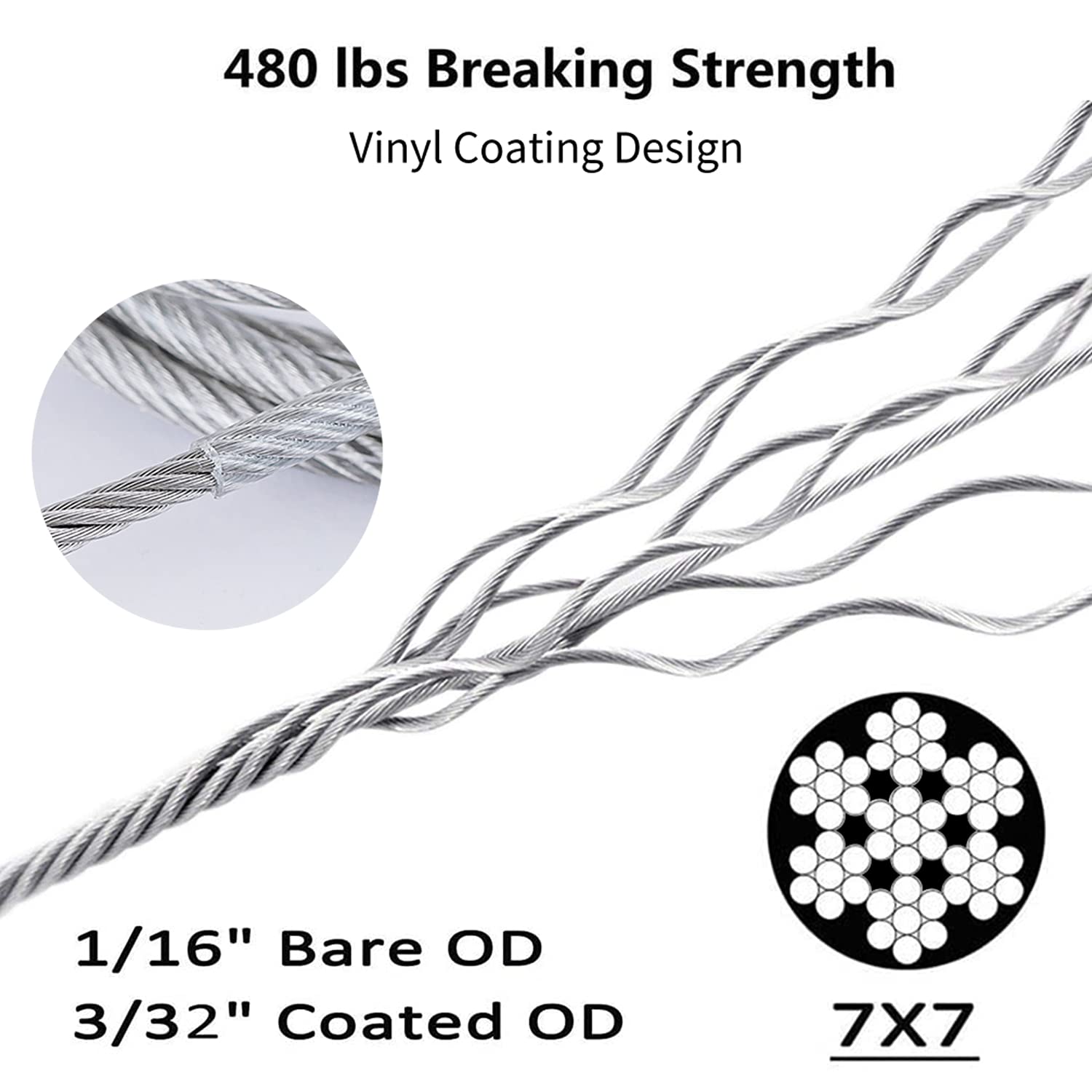 DEFUNX stainless steel wire rope close-up shows vinyl coating for outdoor resilience